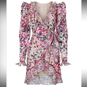 Rococo Sand Floral Cottagecore Pastel Ruffle Wrap Mini Dress XS